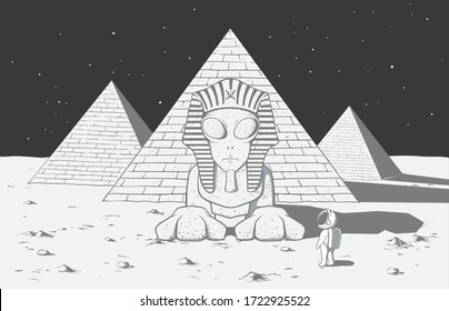 Astronaut found another alien civilization on mysterious planet .He saw there an alien sphinx and many pyramids.Vector illustration