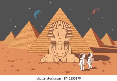 Astronaut found another alien civilization on mysterious planet .He saw there an alien sphinx and many pyramids.Color version.Vector illustration