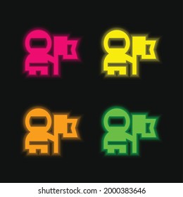 Astronaut four color glowing neon vector icon
