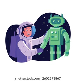 Astronaut friend robot illustration in flat style  