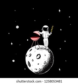 Astronaut fries barbecue. On the background of the moon