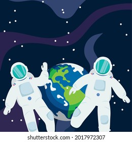 Astronaut in front of of earth at universe space