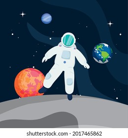 Astronaut in front of planets at universe space