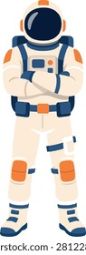 Astronaut front view with arms crossed and floating helmet, full body, space exploration, flat vector illustration