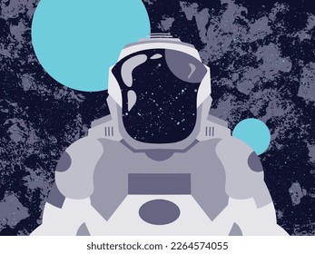 Astronaut front view in space, design with planet and glowing stars behind