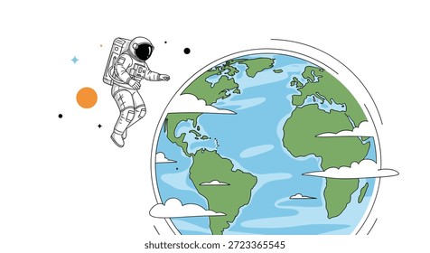 Astronaut in full spacesuit floating in space next to planet earth with clouds and stars for science exploration theme.
