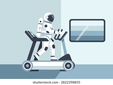 Astronaut in Full Spacesuit Training on a Treadmill Vector Illustration