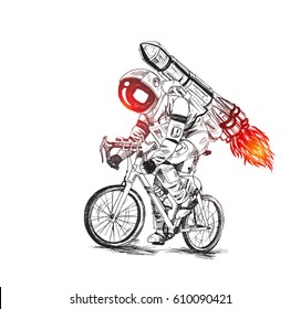 Astronaut futuristic bicycle race with fire rocket, Hand Drawn Sketch Vector illustration.