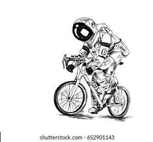 Astronaut futuristic bicycle race with fire rocket, Hand Drawn Sketch Vector illustration.