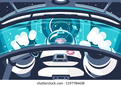 Astronaut in futuristic capsule or container. Human in spaceship outer space. Flat. Vector illustration.