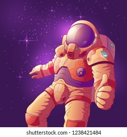 Astronaut in futuristic spacesuit showing thumb up hand sign, flying in weightlessness cartoon vector illustration. Space tourist or intergalactic traveler exploring universe. Science fiction hero