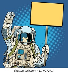 Astronaut with gag protesting for freedom of speech. Pop art retro vector illustration vintage kitsch drawing