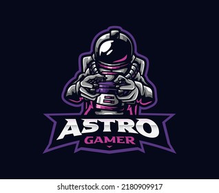 Astronaut gamer mascot logo design. Astronaut playing game vector illustration. Logo illustration for mascot or symbol and identity, emblem sports or e-sports gaming team