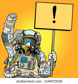 astronaut in gas mask protesting against air pollution. Ecology of planet earth. Pop art retro vector illustration vintage kitsch drawing