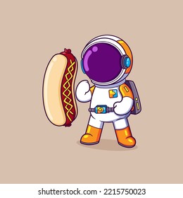 The astronaut is getting a big hotdog in front of him and very happy to take it of illustration
