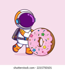 The astronaut is getting and pushing a big doughnut in the space of illustration