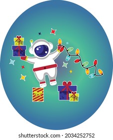 Astronaut with a gift. Hand drawn flat vector illustration. Cartoon astronaut in spacesuit with garland of Christmas lights. Greeting card
