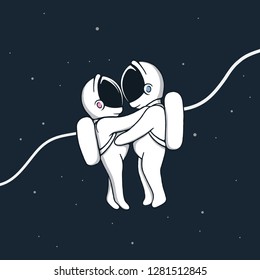 Astronaut girl and boy hugs each other in space.Romantic vector illustration