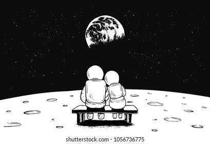 Astronaut girl and boy look to the Earth from the Moon.Space vector illustration