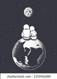 astronaut girl and boy looks to Moon from Earth.Love in space.Romantic vector illustration