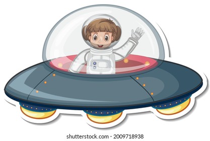 Astronaut girl cartoon character in UFO in sticker style illustration