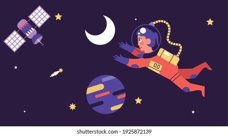 astronaut girl floating with satellite space scene vector illustration design