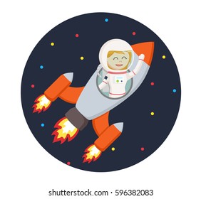 astronaut girl flying with rocket in circle background