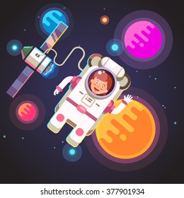 Astronaut girl flying in space in her spacesuit on a cable from rocket ship shuttle. Woman cosmonaut. Flat style vector illustration.