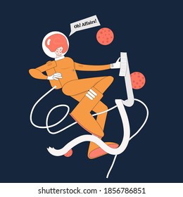 Astronaut girl holds a task list in her hand. A woman in zero gravity talks about work. Vector illustration in flat style