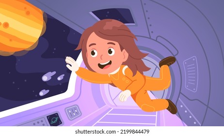 Astronaut Girl Kid Floating Inside Spaceship. Cosmonaut Child Person Flying In Spacecraft Cabin Exploring Planet In Outer Space. Futuristic Ship Interior, Universe, Technology Flat Vector Illustratio