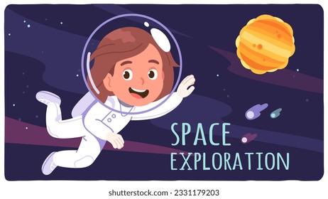 Astronaut girl kid in suit floating in outer space. Space exploration text, happy spacewoman cosmonaut child person with planet. Universe, galaxy, astronomy concept poster flat vector illustration 