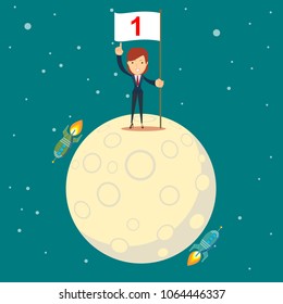 astronaut girl moon landing. a businesswoman conquered the moon. Happy businessman holding number one flag. Start up business concept. Stock flat vector illustration.
