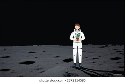 The Astronaut girl on the Moon Surface. She has plant, and watching at the earth side. Technological, explorational illustrative vector.