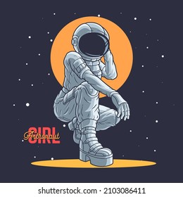 Astronaut girl pose or spaceman character wearing space PREMIUM VECTOR