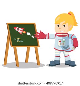 Astronaut girl presenting rocket