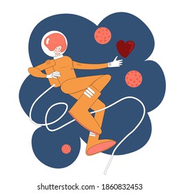 Astronaut girl reaches for the red heart in space. Greeting card or banner for Valentine s day. The trending colors Lush Lava and Bluest Blues. Concept of cosmic love. Cosmonaut among the stars