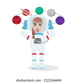 Astronaut girl. She's holding her head because she's dizzy from how many planets she wants to visit. The planets are at the top.