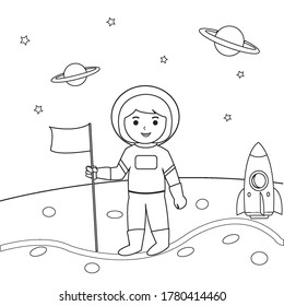Astronaut Girl In Space Outline Coloring Book for Kid Illustration Vector