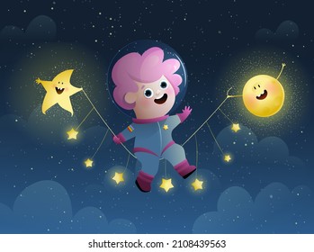 Astronaut girl swinging among stars, sun and star holding the swing. Outer space adventure poster on dark background with cute space girl. Vector illustration for children, watercolor style.