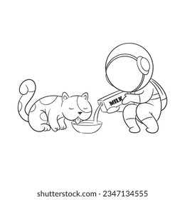 Astronaut giving milk to cat for coloring