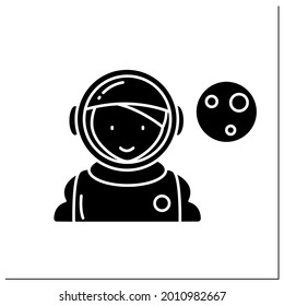 Astronaut glyph icon. Space sailor. Woman is ready to go into space. Looking into planets and stars. Strong woman concept.Filled flat sign. Isolated silhouette vector illustration