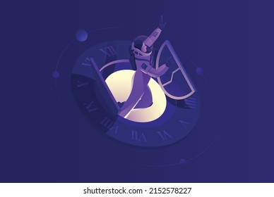 Astronaut goes into space through the open door of the clock. Creative concept. Vector illustration.