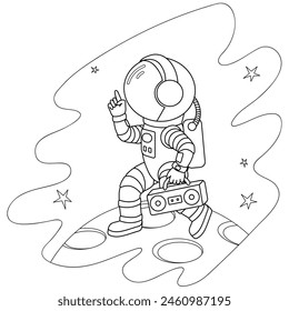 Astronaut in a good mood walks on the Moon with a cassette player and headphones. Cartoon vector illustration for coloring book. Black and white.