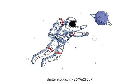 Astronaut gracefully floating through the vastness of space reaching for a distant ringed planet amidst a field of tiny stars