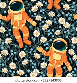 Astronaut, grass and daisy vector seamless pattern