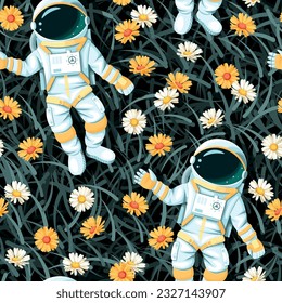 Astronaut, grass and daisy vector seamless pattern