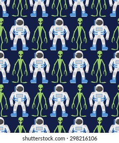 Astronaut and green humanoid, alien. Seamless pattern, ornament. Vector background cosmic 