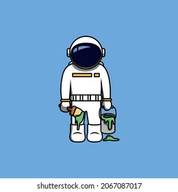 Astronaut with green paintbrush and bucket cartoon vector illustration