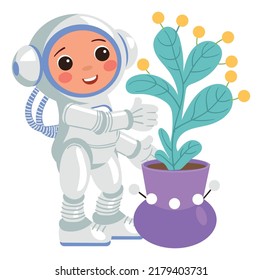 Astronaut with green plant. Kid in space suit exploring