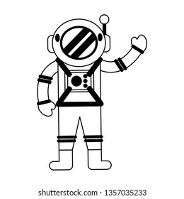 Astronaut greeting cartoon isolated in black and white